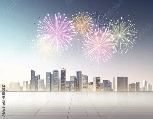 A vibrant night cityscape illustration featuring festive fireworks bursting over the urban skyline with architectural skyscrapers and their colorful reflection on the river