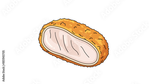Close up of a breaded fish fillet on a white background