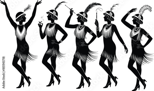 1920s flapper silhouettes of women in expressive poses, ideal for vintage fashion, dance, and retro design projects.