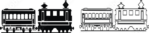 Black train icon set in flat and line style railway locomotive and freight transport silhouette collection featuring passenger and cargo rail graphic group, minimal monochrome vector illustration pack
