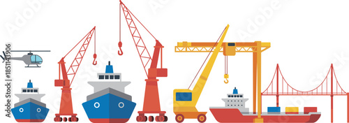Colorful port scene with ships, cranes, bridge, and helicopter, ideal for logistics, shipping, and infrastructure design projects.