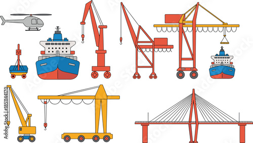 Maritime and construction vector set with ships, cranes, helicopter, and bridge, ideal for infrastructure and logistics design projects.