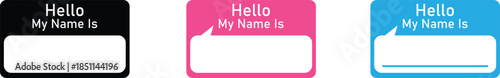 Hello my name is sticker labels in black pink and blue.