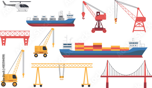 Maritime and construction vector set with ships, cranes, bridges, and helicopter, ideal for infrastructure and logistics design projects.
