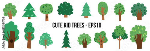 Cute flat vector nature set featuring woodland plants, bushes, flowers, and greenery. Simple childish kid style illustrations perfect for children's education designs, parks, or seasonal projects.