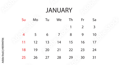 January 2026 Monthly Calendar Vector Template (First Month of Year Planner, Winter Schedule Layout)
