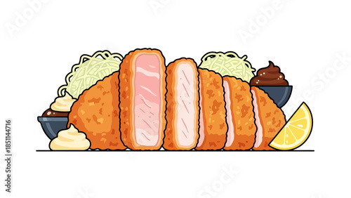 Delicious fried chicken fillet with lemon herbs and dipping sauces on a rustic plate