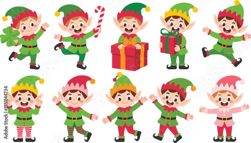 Set of cute cartoon Christmas elves collection, little Santa helpers with gifts and candy cane vector illustrations, festive holiday characters on white background