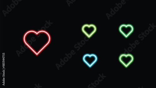 Neon heart shapes in various colors on a black background
