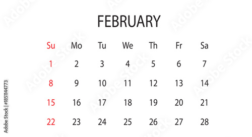 February 2026 Monthly Calendar Vector Template (Valentine's Month Planner, Clean Minimalist Schedule Layout)