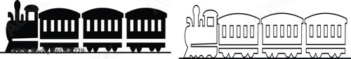 Black train icon set in flat and line style railway locomotive and freight transport silhouette collection featuring passenger and cargo rail graphic group, minimal monochrome vector illustration pack