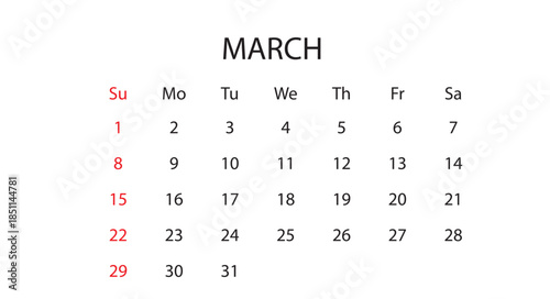 March 2026 Monthly Calendar Vector Template (Spring Season Planner, Professional Business Schedule Layout)
