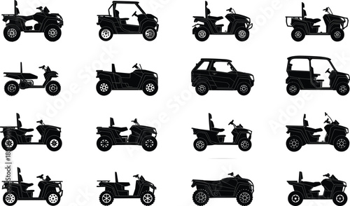Set of sixteen black ATV and UTV silhouettes, off-road buggy vector icons, side view transportation collection, isolated on white background for design