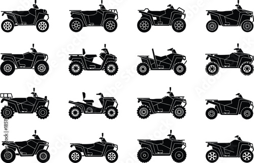 Set of sixteen black ATV silhouettes, off-road quad bike vector icons, side view transportation collection, isolated on white background for design projects