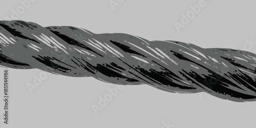 A grayscale illustration of a tightly twisted braided rope or cord