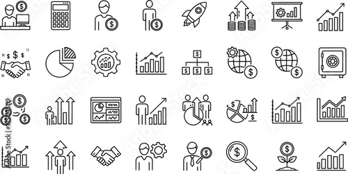Business finance line icons set, investment growth analytics symbols, banking economy startup strategy profit charts vector illustration collection modern editable