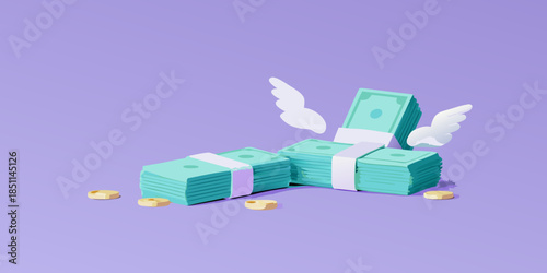 Stacks of money with wings a playful illustration on a lilac background