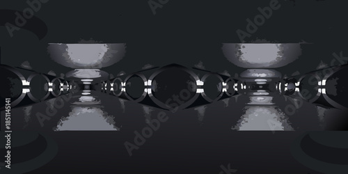 An endless corridor of wine barrels and glowing chalices in grayscale