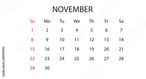 November 2026 Monthly Calendar Vector Template (Thanksgiving Month Planner, Minimalist Schedule Layout)