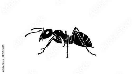 Detailed close-up of a black ant on a white background.
