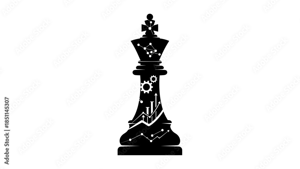 Fototapeta premium Black chess king piece with technology and data graphics inside.