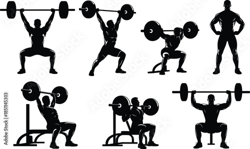 Silhouettes of barbell weightlifting exercises in dynamic poses, ideal for fitness, gym, and strength training design projects.