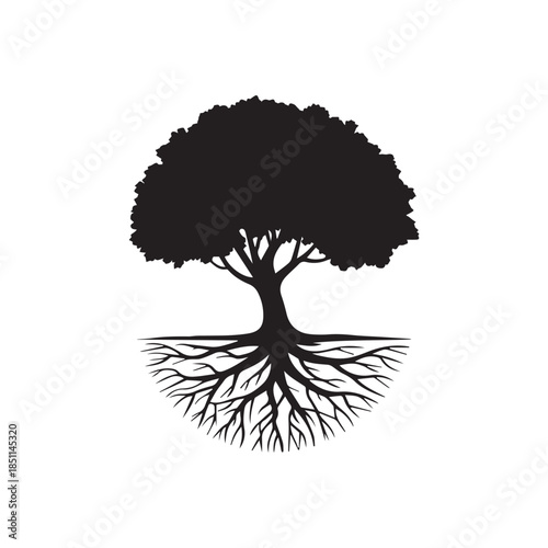 PrintTree of Life Silhouette with Deep Roots and Grass Horizon Line Isolated on White