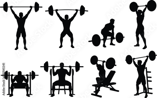 Silhouettes of barbell weightlifting exercises, ideal for fitness, bodybuilding, and strength training instructional or design projects.