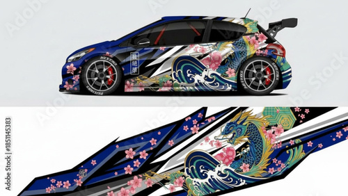 Custom car wrap design featuring a Japanese dragon, cherry blossoms, and ocean waves on a blue sports hatchback.