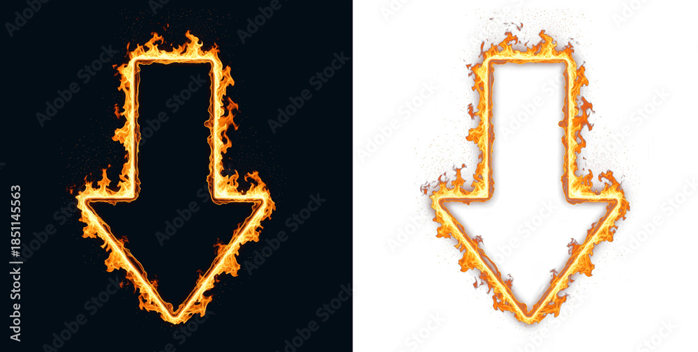 Obraz premium Flame arrow pointing down indicates financial crisis and stock market crash with heat map effect representing global warming and temperature rise for scientific research or economic failure