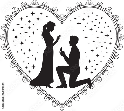 Romantic Couple Silhouette with Hearts on White Background