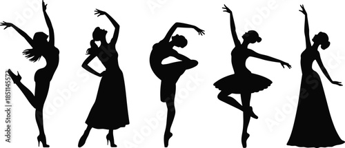 Silhouettes of dancers in elegant poses, ideal for ballet, contemporary, and performance-themed artistic and design projects.