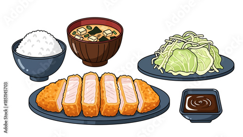 Traditional Japanese Meal with Rice Miso Soup and Fried Food