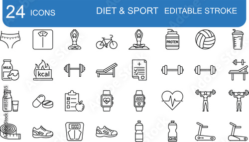 Diet and sport line icons set, editable stroke fitness nutrition symbols, healthy lifestyle workout equipment vector illustration collection modern design
