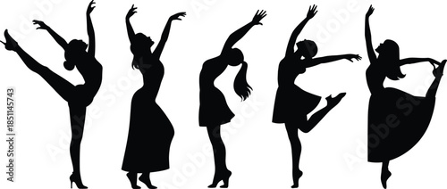 Silhouettes of dancers in expressive poses with flowing dresses, ideal for ballet, contemporary, and artistic movement design projects.