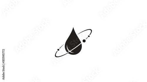 Black drop with orbiting particles representing science concept.