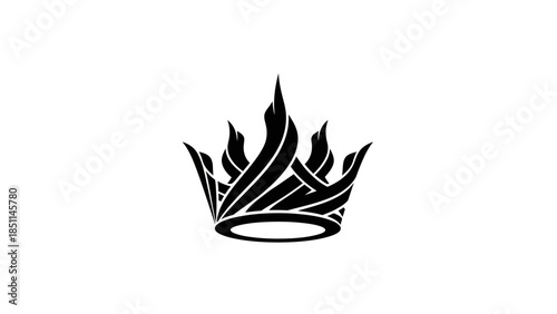 Black crown symbol with flame like points on white background.