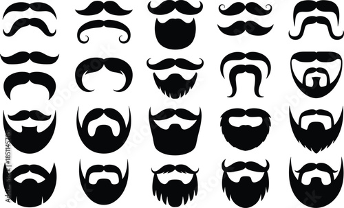 Silhouettes of diverse beard and mustache styles, ideal for grooming, fashion, barbershop, and male styling design projects.