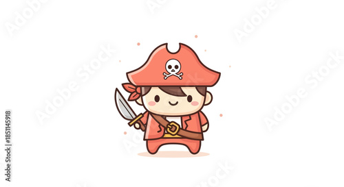 Cartoon pirate character with a hat and a sword on a white background