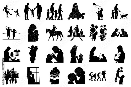 Family activities and milestones silhouette collection Keywords: family, children, silhouette
