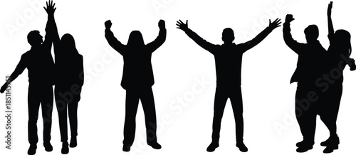 Silhouettes of joyful pairs in celebratory poses, ideal for themes of unity, friendship, and social event design projects.