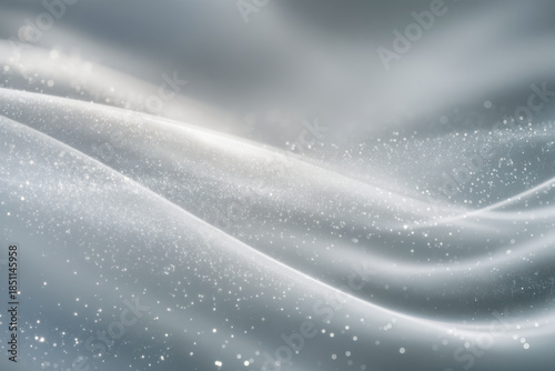 Soft flowing waves of silver and white with sparkling light particles creating a dreamy and elegant abstract background for festive or luxury design concepts