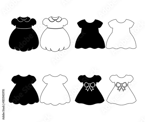 Set of eight simple black and white outline and solid silhouette illustrations of girls dresses and frocks