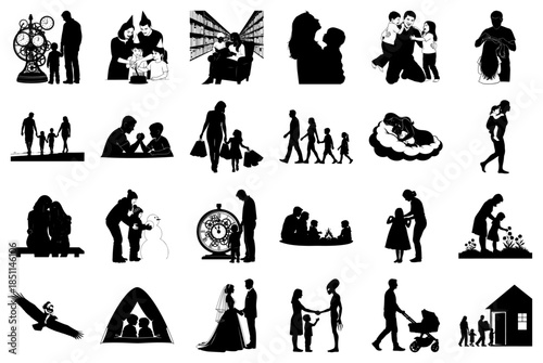 Family and life moments silhouette collection Keywords: family, children, silhouette, people