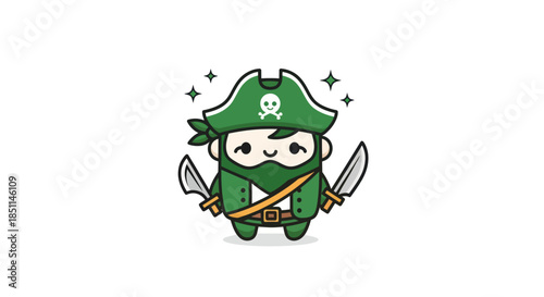 Cartoon pirate character with green outfit and crossed swords isolated