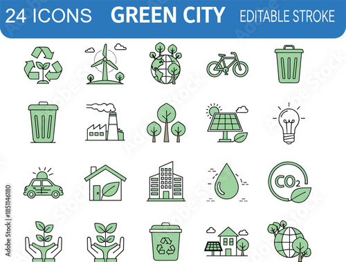 Green city editable stroke line icons set featuring sustainability renewable energy eco transport recycling smart urban vector illustration