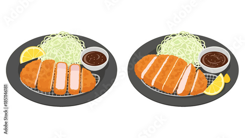 Foot long fried cutlet with shredded cabbage lettuce and dipping sauces on a black plate