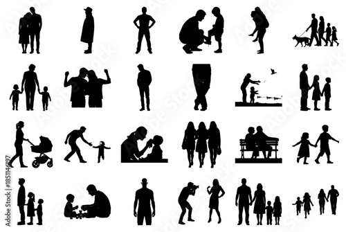 Silhouette collection of families and individuals in everyday activities