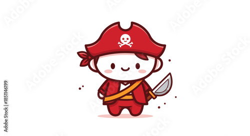 Cartoon pirate character with red attire and holding a sword isolated