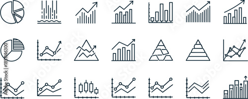 “Business analytics and data chart icons set featuring graphs statistics growth trends diagrams performance metrics visualization graphics for finance reporting”